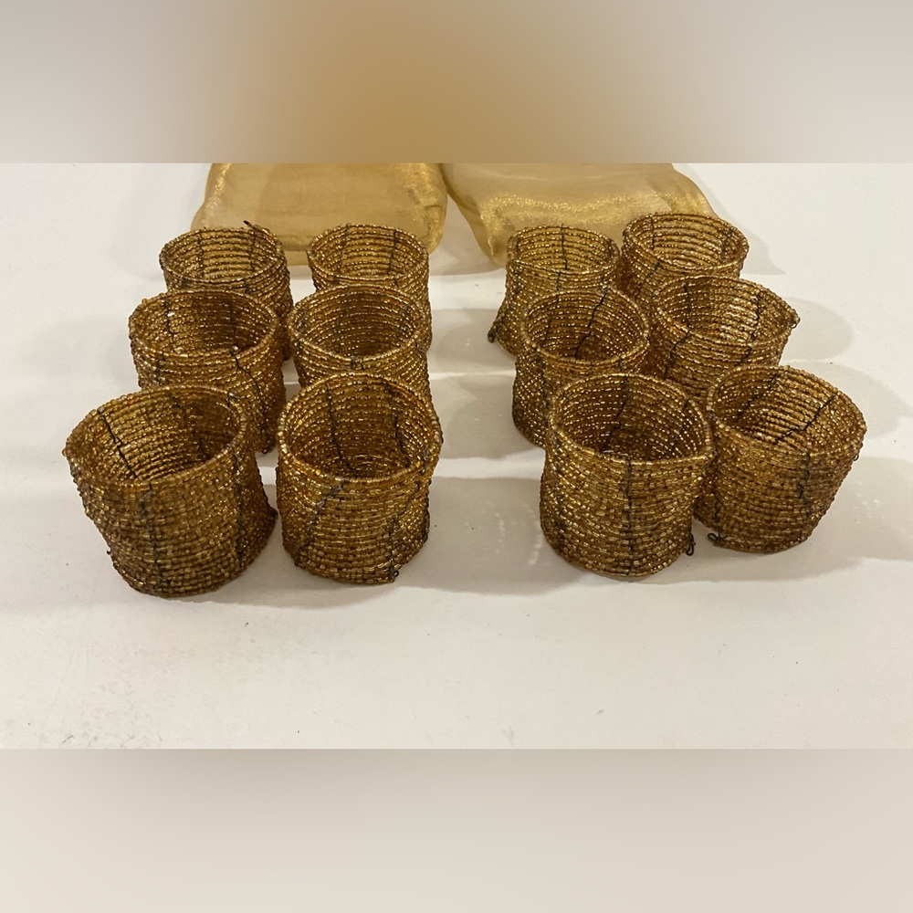 Vintage Lot of 12 Gold Beaded Napkin Rings with Bags Holidays Wedding